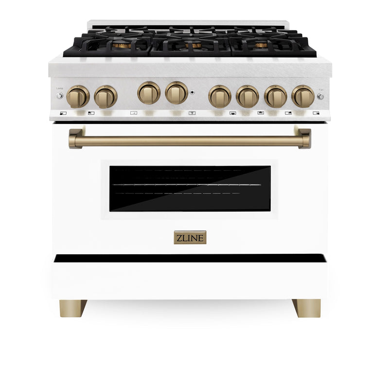 ZLINE Autograph Edition 36 in. Gas Range in DuraSnow® with White Matte Door and Champagne Bronze Accents, RGSZ-WM-36-CB