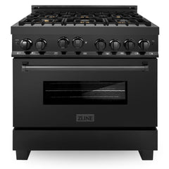 ZLINE 36 in. Kitchen Package with Black Stainless Steel Gas Range, Convertible Vent Range Hood and Microwave Drawer, 3KP-RGBRH36-MW