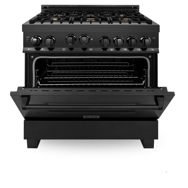 ZLINE Appliance Bundle - 36 in. Gas Range, Range Hood, Microwave Drawer, Refrigerator in Black Stainless, Bundle-4KPR-RGBRH36-MW