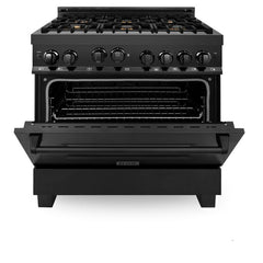 ZLINE Appliance Bundle - 36 in. Gas Range, Range Hood, Microwave Drawer, Refrigerator in Black Stainless, Bundle-4KPR-RGBRH36-MW