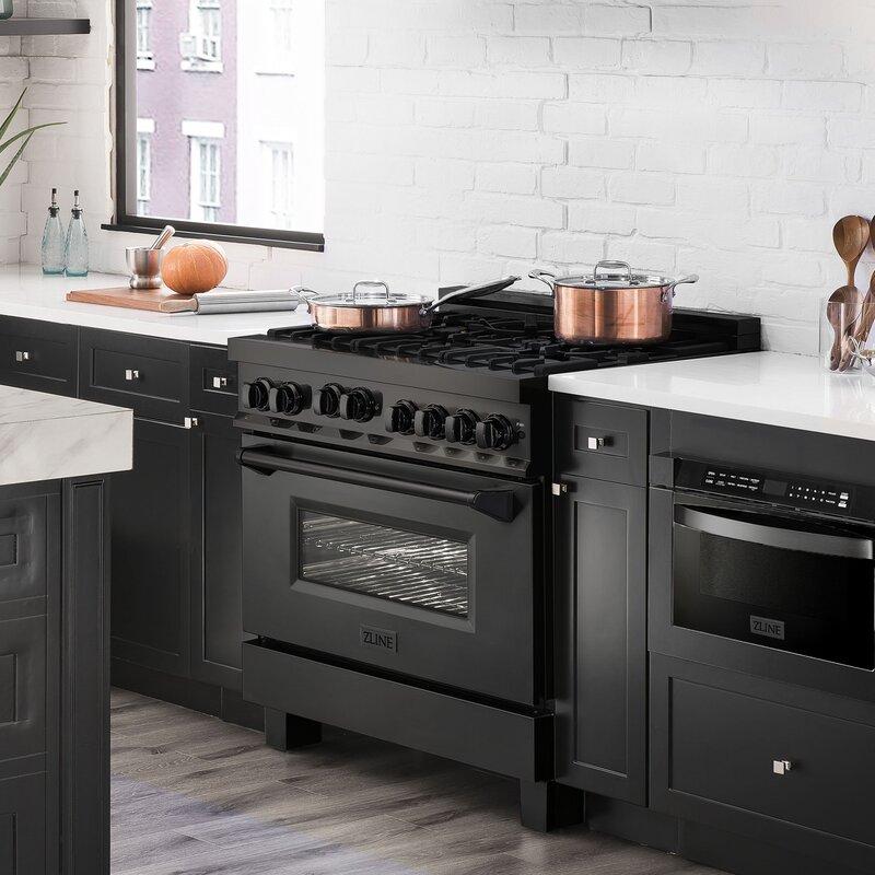 ZLINE 36 in. Kitchen Package with Black Stainless Steel Gas Range, Range Hood, Microwave Drawer and Dishwasher, 4KP-RGBRH36-MWDW