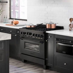 ZLINE 36 in. Kitchen Package with Black Stainless Steel Gas Range, Range Hood, Microwave Drawer and Dishwasher, 4KP-RGBRH36-MWDW