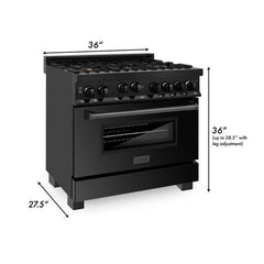 ZLINE 36 in. Kitchen Package with Black Stainless Steel Gas Range, Convertible Vent Range Hood and Microwave Drawer, 3KP-RGBRH36-MW