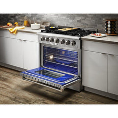 Thor Kitchen Package - 36 in. Propane Gas Burner/Electric Oven Range, Range Hood, Microwave Drawer, Refrigerator with Water and Ice Dispenser, Dishwasher, Wine Cooler, AP-HRD3606ULP-14