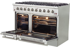 Forno Appliace Package - 48 Inch Gas Range, Wall Mount Range Hood, Refrigerator, Microwave Drawer, Dishwasher, AP-FFSGS6244-48-8