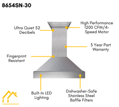 ZLINE 30 in. Kitchen Package with DuraSnow® Stainless Dual Fuel Range, Ducted Vent Range Hood and Tall Tub Dishwasher, 3KP-RASRH30-DWV