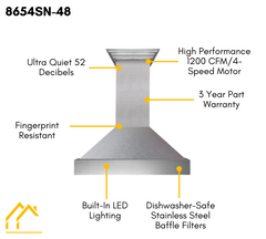 ZLINE 48 in. Kitchen Package with DuraSnow® Stainless Dual Fuel Range, Ducted Vent Range Hood and Tall Tub Dishwasher, 3KP-RASRH48-DWV