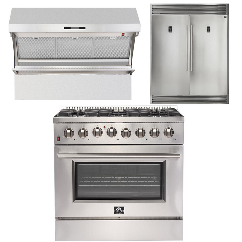 Forno Appliance Package - 36 Inch Dual Fuel Range, Wall Mount Range Hood, 60 Inch Refrigerator, AP-FFSGS6156-36-4