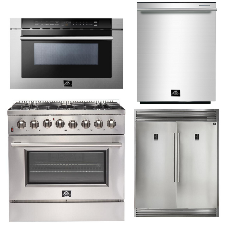 Forno Appliance Package - 36 Inch Dual Fuel Range, 60 Inch Refrigerator, Microwave Drawer, Dishwasher, AP-FFSGS6156-36-7