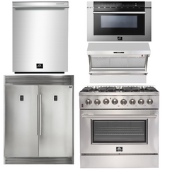 Forno Appliace Package - 36 Inch Dual Fuel Range, Wall Mount Range Hood, Refrigerator, Microwave Drawer, Dishwasher, AP-FFSGS6156-36-8