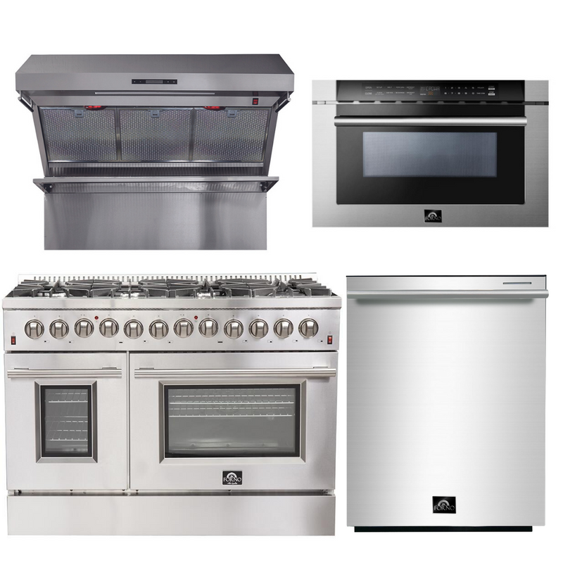 Forno Appliance Package - 48 Inch Dual Fuel Range, Wall Mount Range Hood, Microwave Drawer, Dishwasher, AP-FFSGS6156-48-6