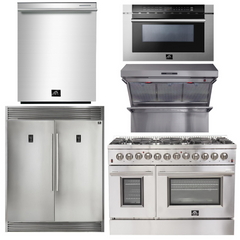 Forno Appliace Package - 48 Inch Dual Fuel Range, Wall Mount Range Hood, Refrigerator, Microwave Drawer, Dishwasher, AP-FFSGS6156-48-8