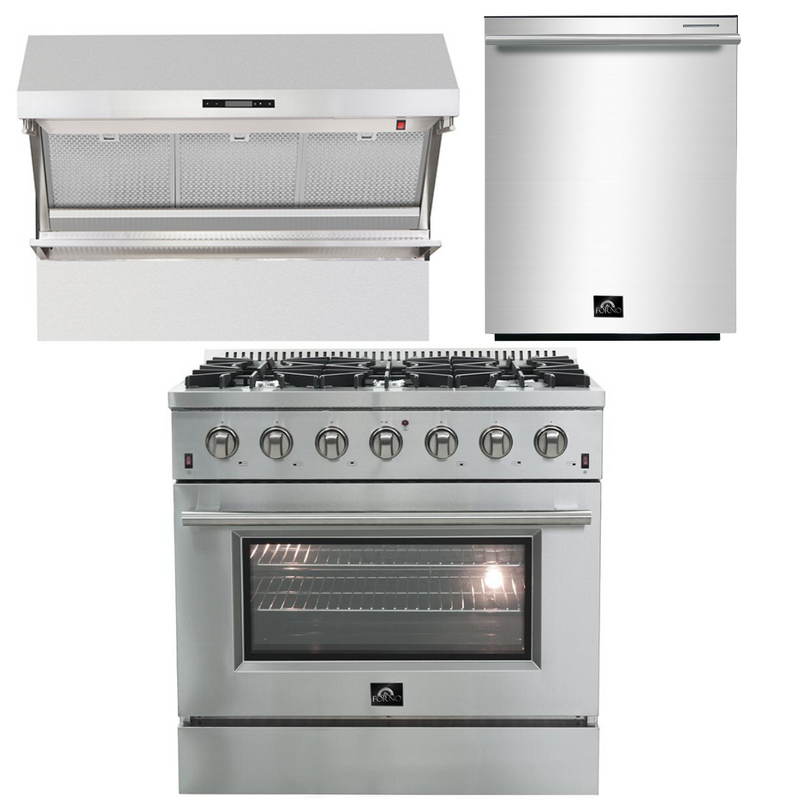 Forno Appliance Package - 36 Inch Gas Range, Wall Mount Range Hood, Dishwasher, AP-FFSGS6244-36-2