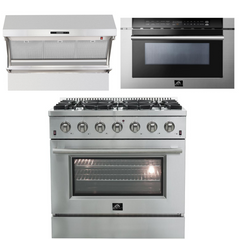 Forno Appliance Package - 36 Inch Gas Range, Wall Mount Range Hood, Microwave Drawer, AP-FFSGS6244-36-3