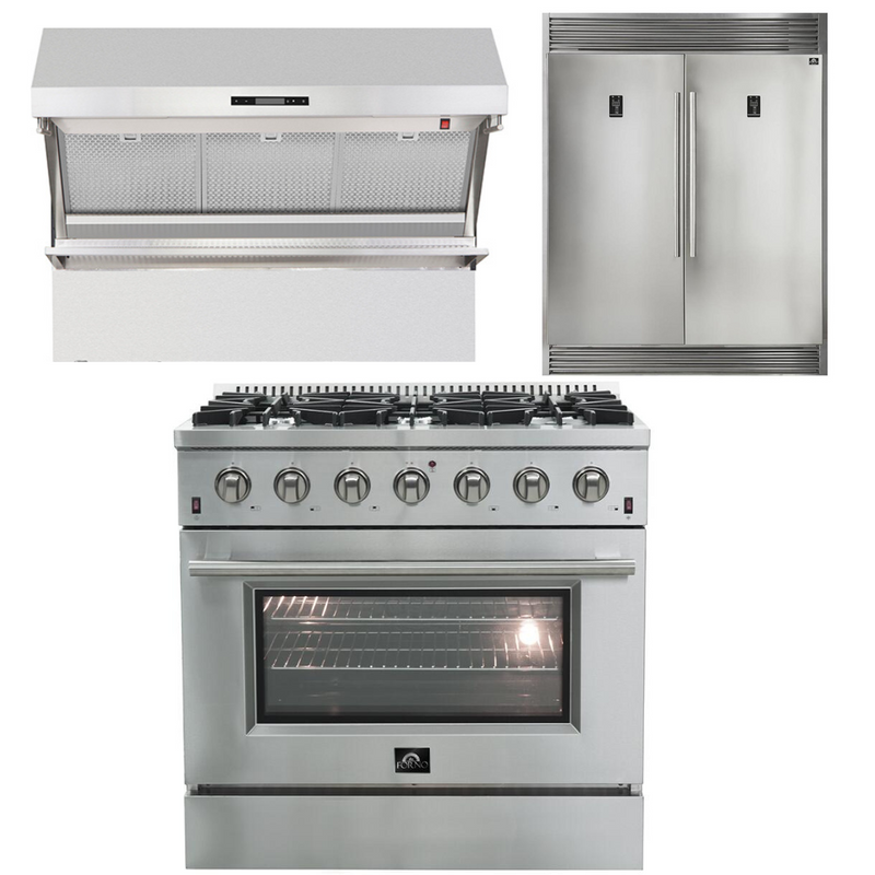 Forno Appliance Package - 36 Inch Gas Range, Wall Mount Range Hood, 60 Inch Refrigerator, AP-FFSGS6244-36-4