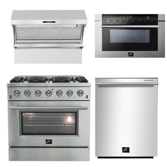 Forno Appliance Package - 36 Inch Gas Range, Wall Mount Range Hood, Microwave Drawer, Dishwasher, AP-FFSGS6244-36-6