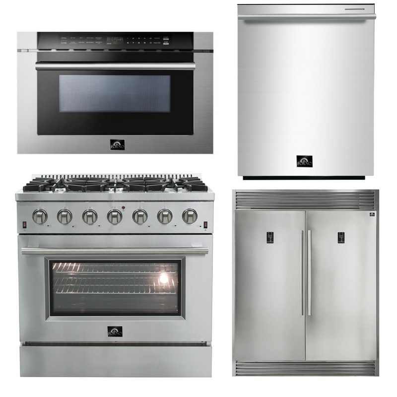 Forno Appliance Package - 36 Inch Gas Range, 60 Inch Refrigerator, Microwave Drawer, Dishwasher, AP-FFSGS6244-36-7