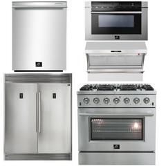 Forno Appliace Package - 36 Inch Gas Range, Wall Mount Range Hood, Refrigerator, Microwave Drawer, Dishwasher, AP-FFSGS6244-36-8