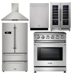 Thor Kitchen Appliance Package - 30 inch Electric Range, Range Hood, Counter-Depth Refrigerator, Dishwasher, Wine Cooler, AP-HRE3001-4