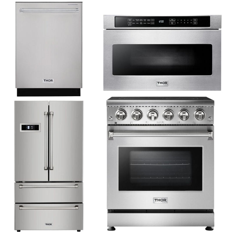 Thor Kitchen Appliance Package - 30 inch Electric Range, Microwave Drawer, Counter-Depth Refrigerator, Dishwasher, AP-HRE3001-6