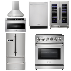 Thor Kitchen Appliance Package - 30 In. Electric Range, Range Hood, Microwave Drawer, Refrigerator, Dishwasher, Wine Cooler, AP-HRE3001-W-6