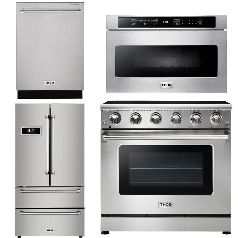 Thor Kitchen Appliance Package - 36 in. Electric Range, Microwave Drawer, Refrigerator, Dishwasher, AP-HRE3601-6