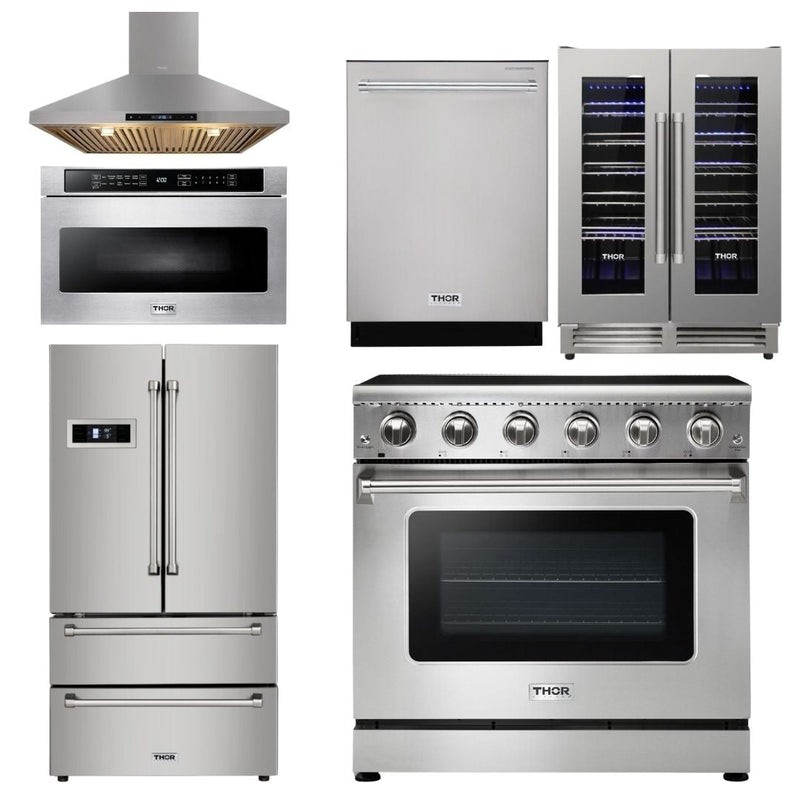 Thor Kitchen Appliance Package - 36 in. Electric Range, Range Hood, Microwave Drawer, Refrigerator, Dishwasher, Wine Cooler, AP-HRE3601-8