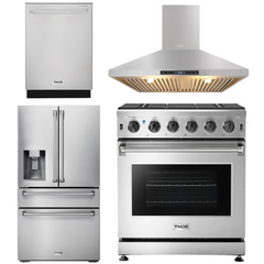 Thor Kitchen Package - 30 in. Natural Gas Range, Range Hood, Refrigerator with Water and Ice Dispenser, Dishwasher, AP-LRG3001U-10