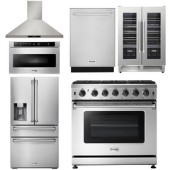 Thor Kitchen Package - 36 in. Natural Gas Range, Range Hood, Microwave Drawer, Refrigerator with Fridge and Ice Maker, Dishwasher, Wine Cooler, AP-LRG3601U-14