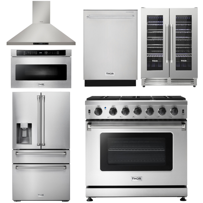 Thor Kitchen Package - 36 in. Propane Gas Range, Range Hood, Microwave Drawer, Refrigerator with Fridge and Ice Maker, Dishwasher, Wine Cooler, AP-LRG3601ULP-14