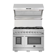 Forno Appliace Package - 48 Inch Dual Fuel Range, Wall Mount Range Hood, Refrigerator, Microwave Drawer, Dishwasher, AP-FFSGS6156-48-8