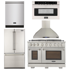 Kucht Appliance Package - 48 inch Natural Gas Range in Stainless Steel, Wall Range Hood, Refrigerator, Dishwasher, and Microwave Oven, AP-KFX480-7