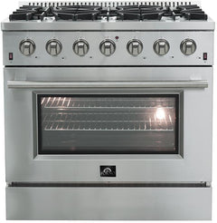 Forno Appliance Package - 36 Inch Gas Range, Range Hood, Refrigerator, Microwave Drawer, Dishwasher, Wine Cooler, AP-FFSGS6244-36-9