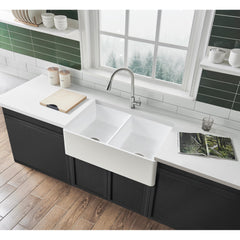 Kingston Brass 33 In. Double Bowl Farmhouse Kitchen Sink, Matte White, GKFA331810BCD