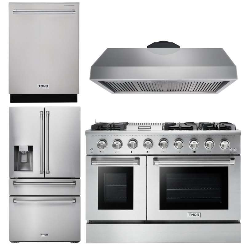 Thor Kitchen Package - 48 in. Gas Range, Range Hood, Refrigerator with Water and Ice Dispenser, Dishwasher, AP-HRG4808U-10