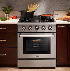 Thor Kitchen Package - 30 in. Professional Gas Range, Microwave Drawer, Refrigerator with Water and Ice Dispenser, Dishwasher, AP-HRG3080U-12