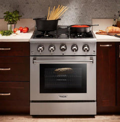 Thor Kitchen Package - 30 In. Gas Range, Refrigerator with Water and Ice Dispenser, Dishwasher, AP-HRG3080U-9