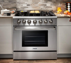 Thor Kitchen Package - 36 In. Gas Range, Range Hood, Refrigerator with Water and Ice Dispenser, Dishwasher, AP-HRG3618U-10