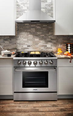 Thor Kitchen Package - 36 In. Gas Range, Range Hood, Refrigerator with Water and Ice Dispenser, Dishwasher, AP-HRG3618U-10