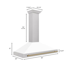 ZLINE 48 Inch Autograph Edition DuraSnow® Stainless Steel Range Hood witha White Matte Shell and Champagne Bronze Handle, KB4SNZ-WM48-CB