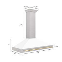 ZLINE 48 Inch Autograph Edition DuraSnow® Stainless Steel Range Hood with a White Matte Shell and Gold Handle, KB4SNZ-WM48-G