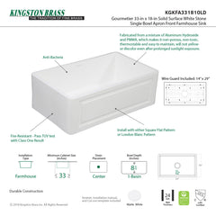 Kingston Brass 33 In Farmhouse Kitchen Sink With Strainer And Grid, Matte White, KGKFA331810LD