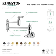 Kingston Brass Restoration Two-Handle 1-Hole Wall Mounted Pot Filler Faucet In Polished Chrome, KS3101AL