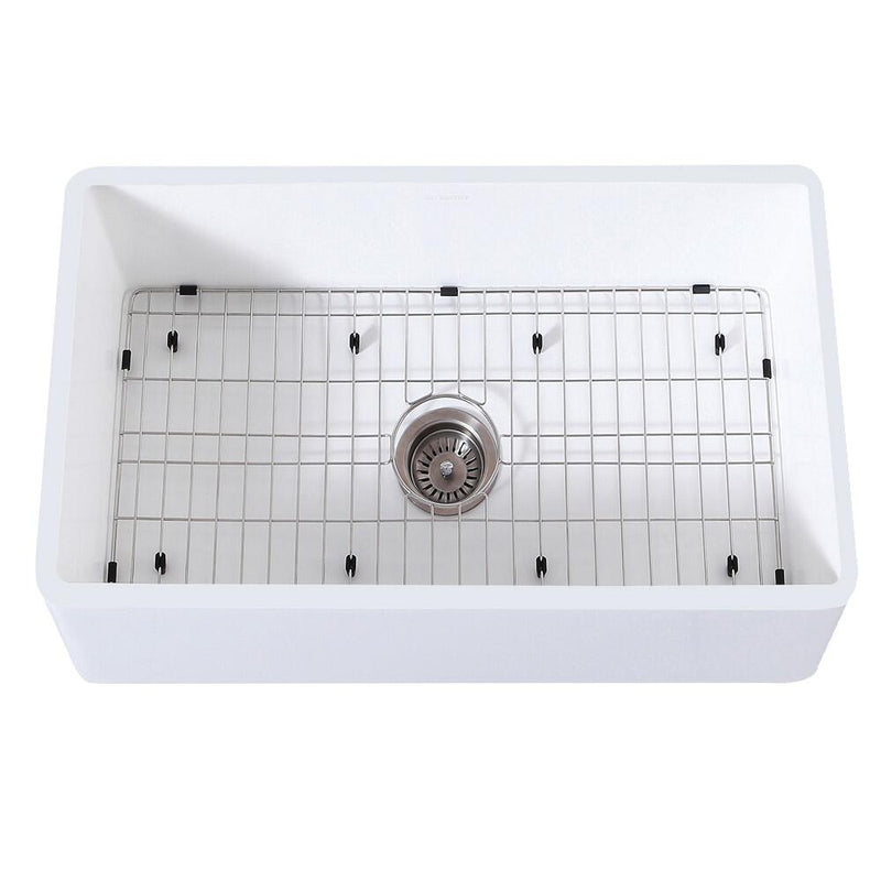 Kingston Brass 30 In. Farmhouse Kitchen Sink With Strainer And Grid, Matte White/Brushed, KGKFA301810BC