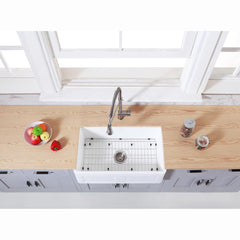 Kingston Brass 30 In. Farmhouse Kitchen Sink With Strainer And Grid, Matte White/Brushed, KGKFA301810DS