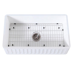 Kingston Brass 30 In. Farmhouse Kitchen Sink With Strainer And Grid, Matte White/Brushed, KGKFA301810RM