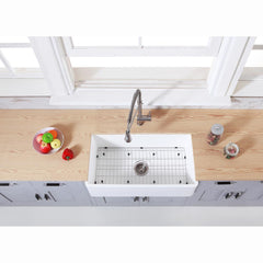 Kingston Brass 33 In. Farmhouse Kitchen Sink With Strainer And Grid, Matte White/Brushed, KGKFA331810BC