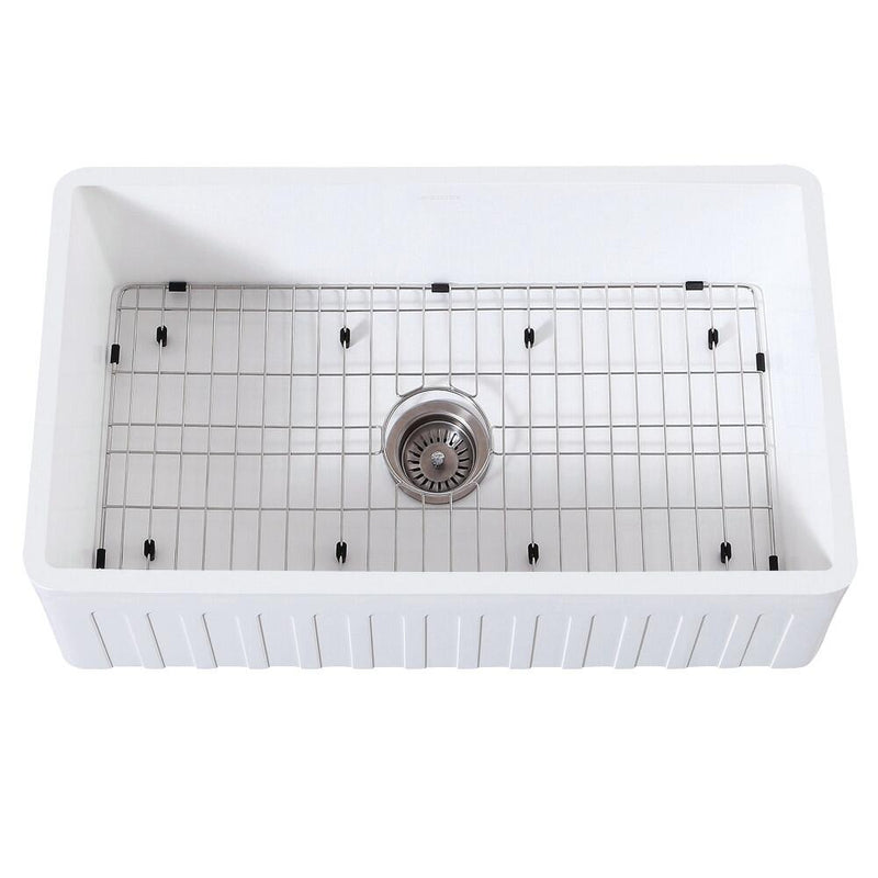 Kingston Brass 33 In. Farmhouse Kitchen Sink With Strainer And Grid, Matte White/Brushed, KGKFA331810CD