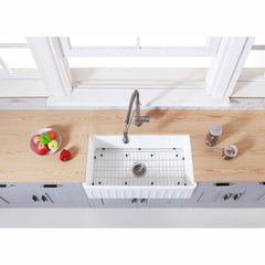 Kingston Brass 33 In. Farmhouse Kitchen Sink With Strainer And Grid, Matte White/Brushed, KGKFA331810CD