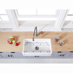 Kingston Brass 33 In Farmhouse Kitchen Sink With Strainer And Grid, Matte White, KGKFA331810LD